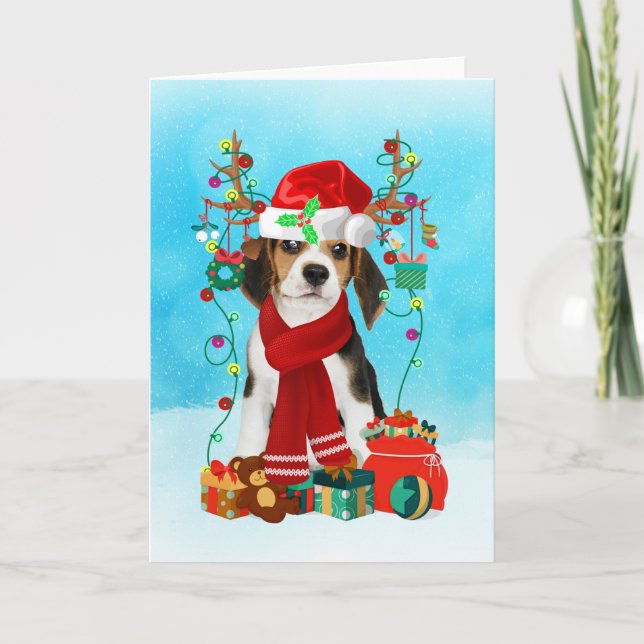 Beagle in snow with Christmas gifts Card (Front)