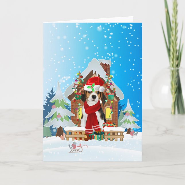 Beagle in snow with Christmas gifts Card (Front)