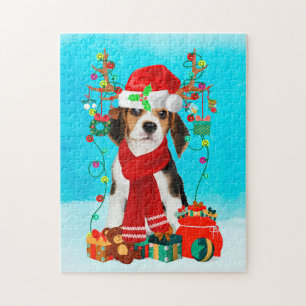Beagle in snow with Christmas gifts Jigsaw Puzzle