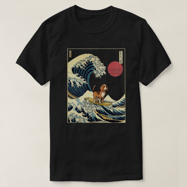 Beagle Japanese Kanagawa Wave Funny Surf Dog  T-Shirt (Design Front)