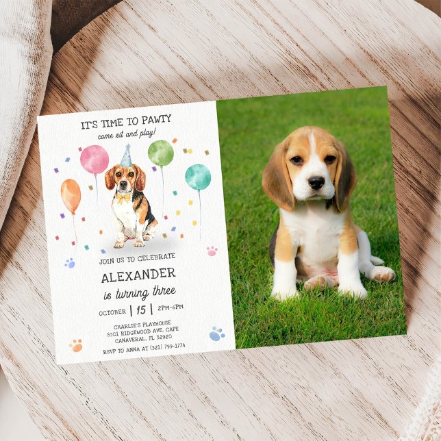 Beagle Lets Pawty Dog Puppy Birthday Blue Photo Invitation (Creator Uploaded)