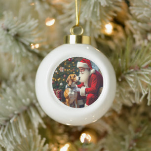 Beagle Meets Santa Christmas Painting Ceramic Ball Christmas Ornament