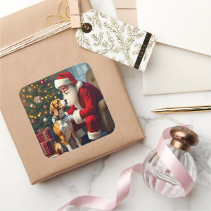 Beagle Meets Santa Christmas Painting Square Sticker