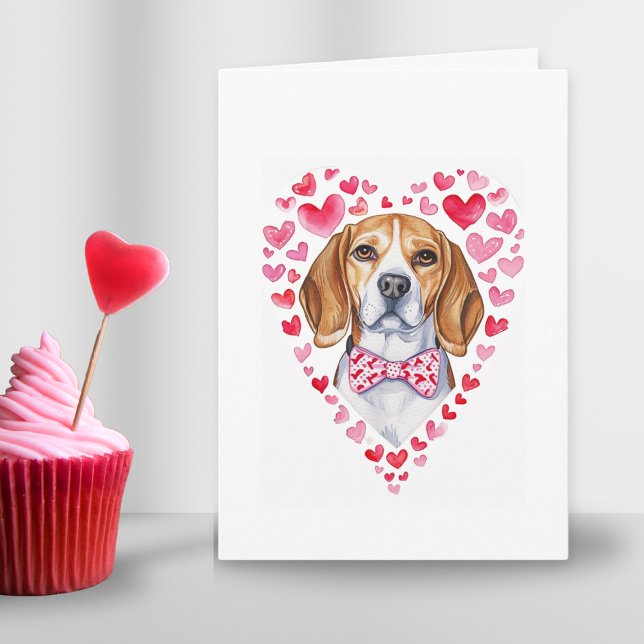 Beagle Mum Valentines Day Dog Love Heart Pink Red Holiday Card (Beagle heart Valentines day watercolor folded card for cute dog mom parent or couple in love gift )