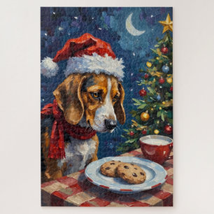 Beagle Nudging Santa's Christmas Cookies Hat Jigsaw Puzzle