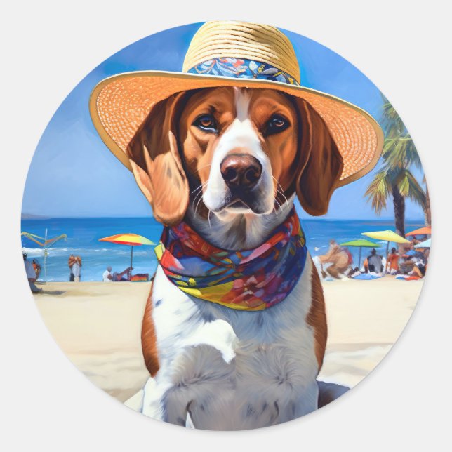 Beagle on Beach, summer gift for dog lovers  Classic Round Sticker (Front)