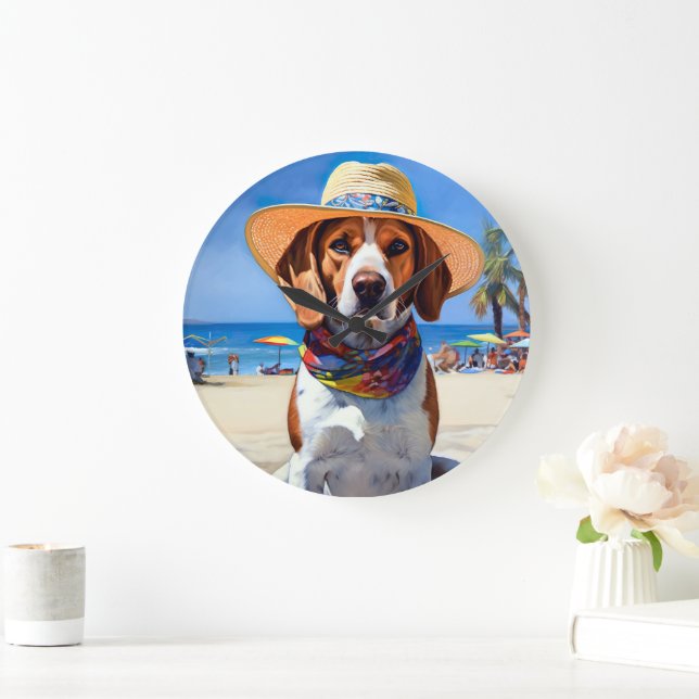Beagle on Beach, summer gift for dog lovers  Large Clock (Home)