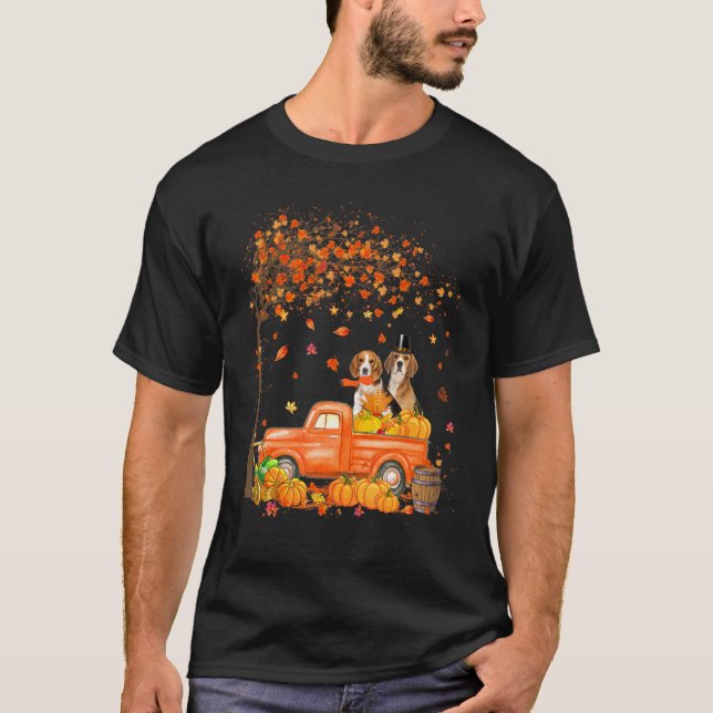 Beagle On Pumpkin Truck Thanksgiving Dog T-Shirt (Front)