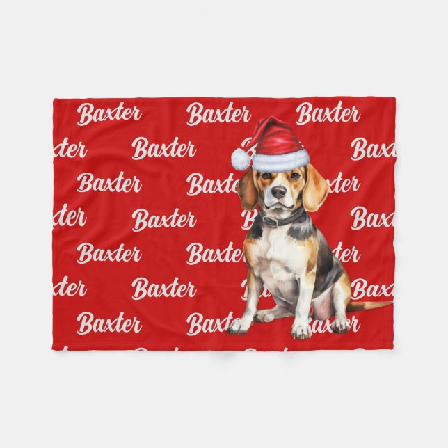 Beagle on Red with Name Christmas Dog Fleece Blanket (Front (Horizontal))