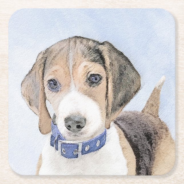 Beagle Painting - Cute Original Dog Art Square Paper Coaster (Front)