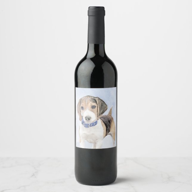 Beagle Painting - Cute Original Dog Art Wine Label (Front)