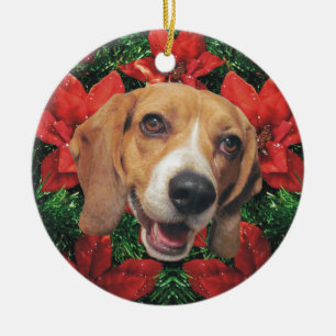 Beagle Poinsettias Christmas Ceramic Tree Decoration