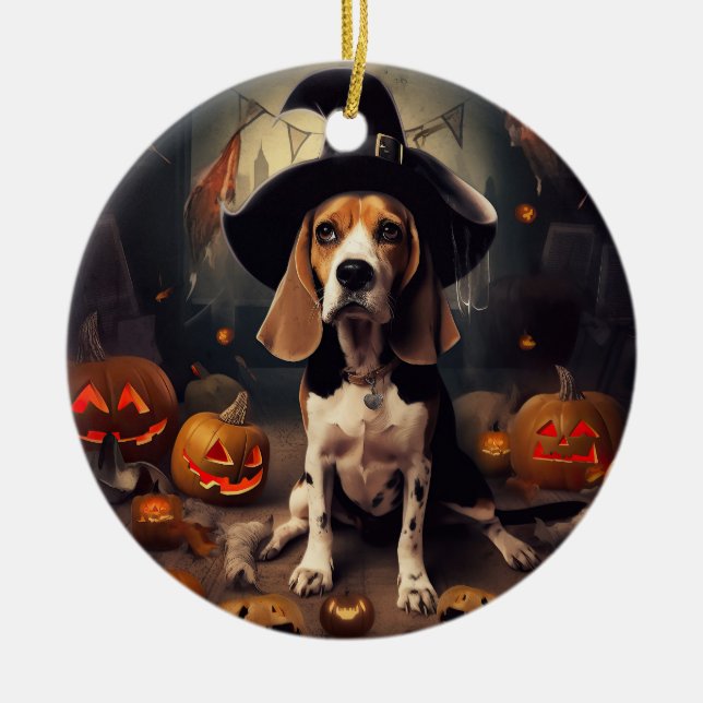 Beagle Pumpkins Halloween Scary Ceramic Ornament (Front)