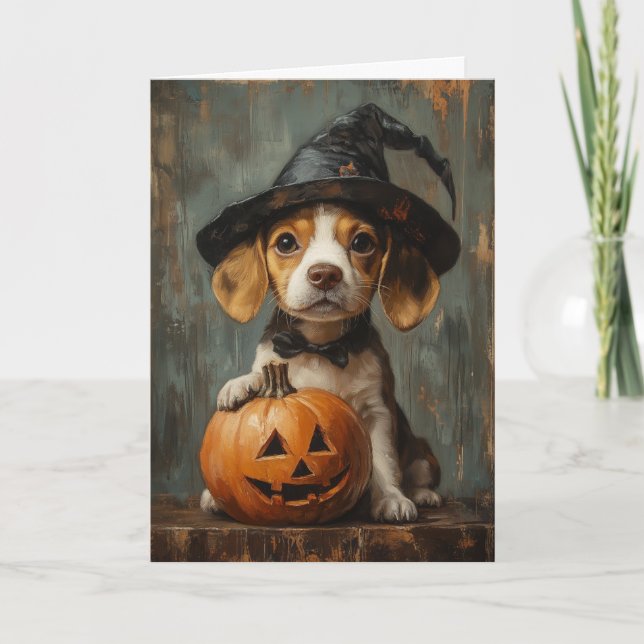 Beagle Pup Witch Halloween Holiday Card (Front)