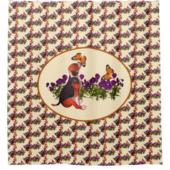 Beagle Puppy And Butterflies Animal Shower Curtain (Front)