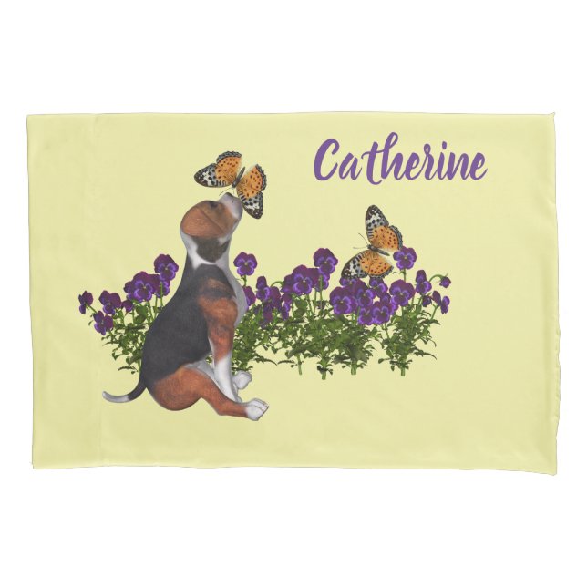 Beagle Puppy And Butterflies Personalised Animal  Pillowcase (Front)