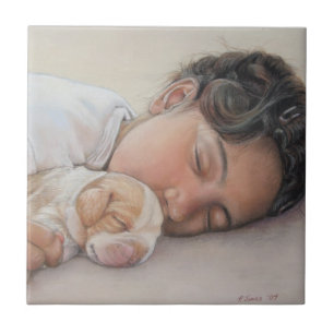 beagle puppy and child realist portrait painting ceramic tile