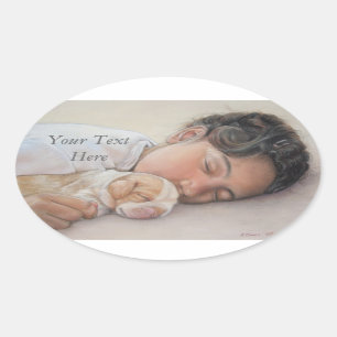 beagle puppy and child realist portrait painting oval sticker