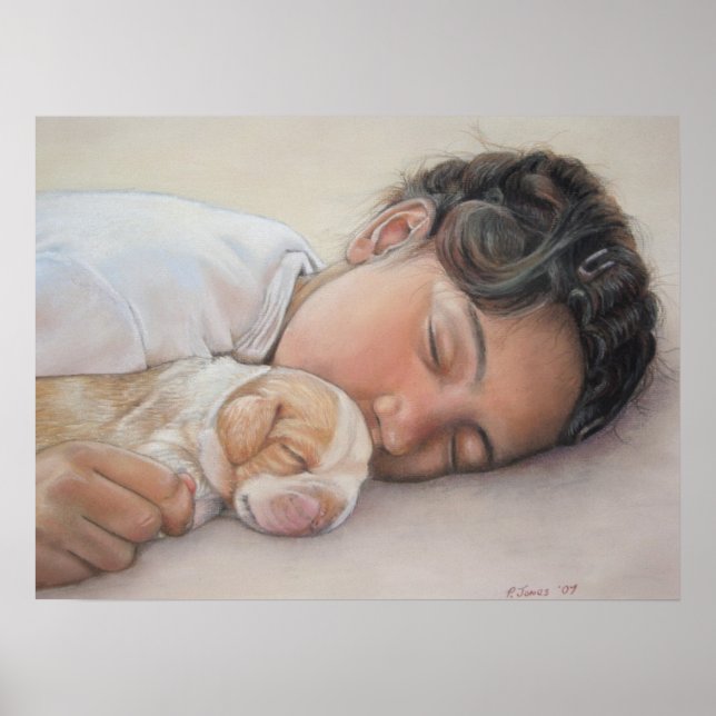 beagle puppy and child realist portrait painting poster (Front)