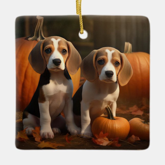 Beagle Puppy Autumn Delight Pumpkin  Ceramic Ornament (Front)