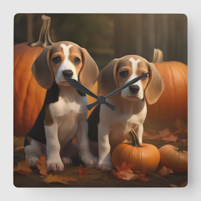 Beagle Puppy Autumn Delight Pumpkin  Square Wall Clock (Front)