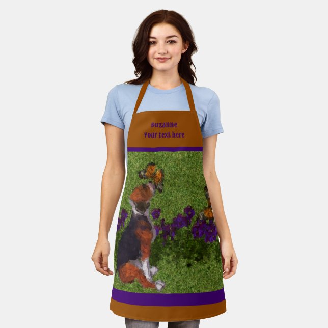 Beagle Puppy Butterflies Dog Art Personalised Apron (Worn)