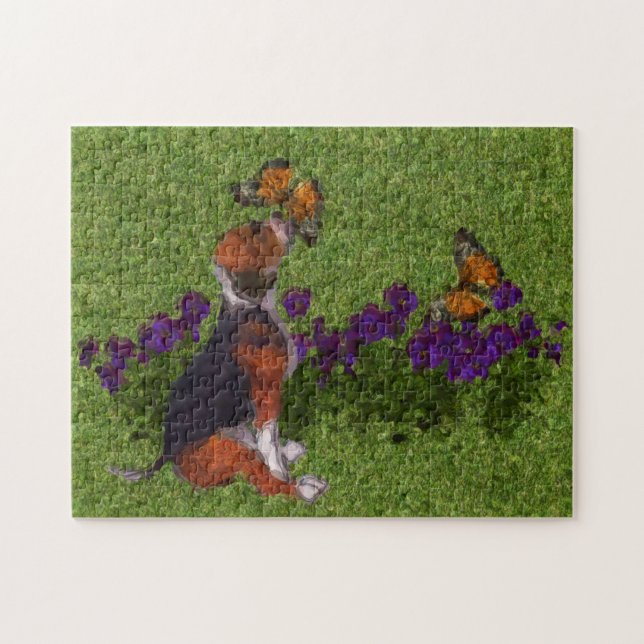 Beagle Puppy Butterflies Dog Art Photo Painting  Jigsaw Puzzle (Horizontal)