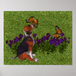 Beagle Puppy Butterflies Dog Art Photo Painting Poster