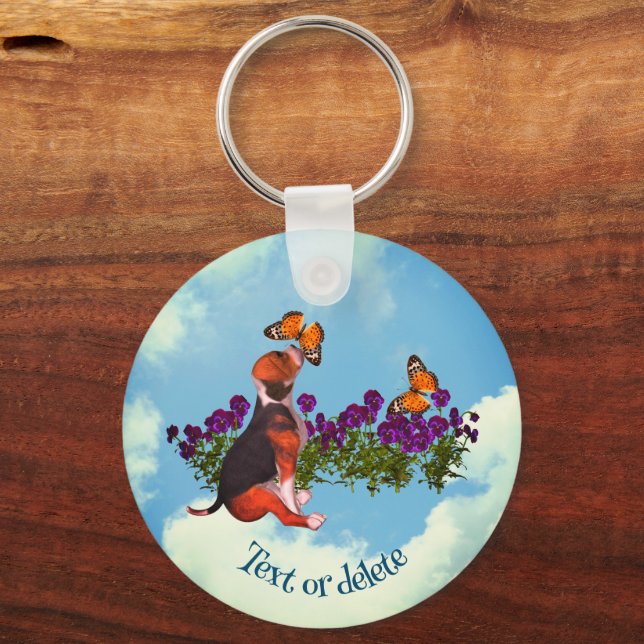 Beagle Puppy Butterflies Flowers Personalised Key Ring (Front)