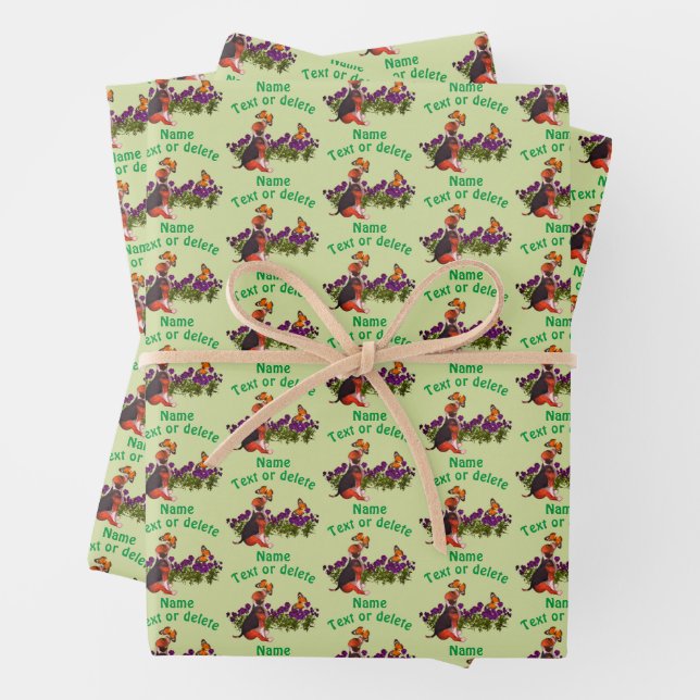 Beagle Puppy Butterflies Flowers Personalised Wrapping Paper Sheet (In situ)