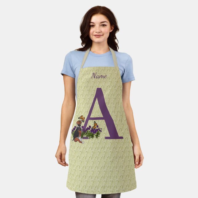 Beagle Puppy Butterflies Monogram Initial A Name   Apron (Worn)