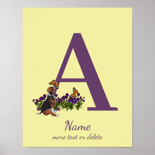 Beagle Puppy Butterflies Monogram Initial A Name  Poster