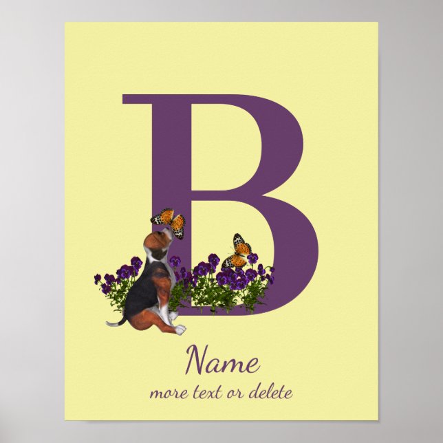 Beagle Puppy Butterflies Monogram Initial B Name  Poster (Front)