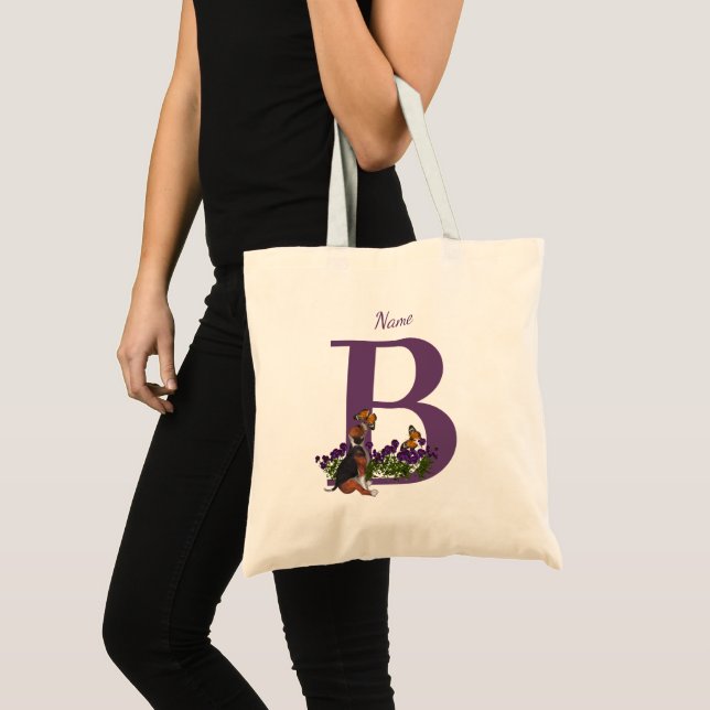 Beagle Puppy Butterflies Monogram Initial B Name   Tote Bag (Front (Product))