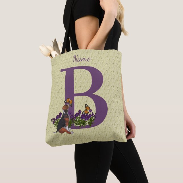 Beagle Puppy Butterflies Monogram Initial B Name   Tote Bag (Close Up)