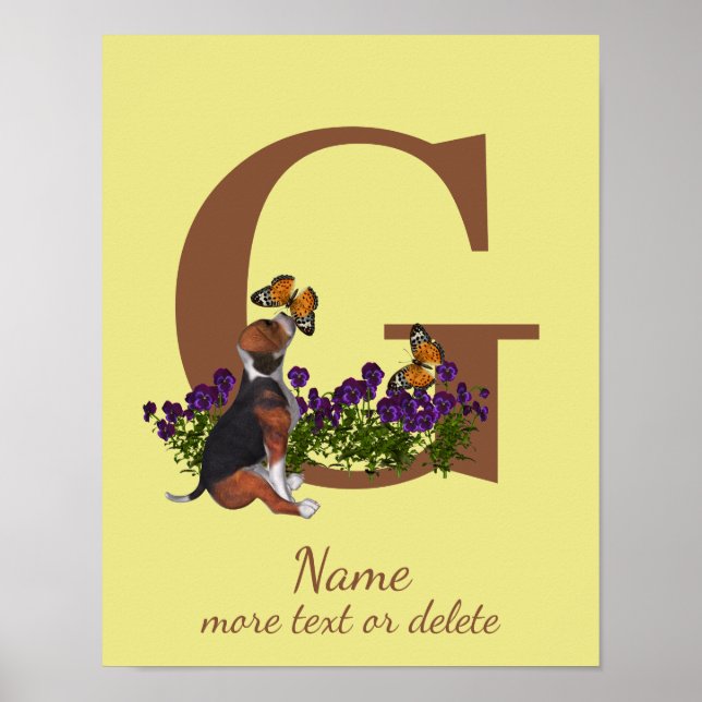 Beagle Puppy Butterflies Monogram Initial G Name  Poster (Front)