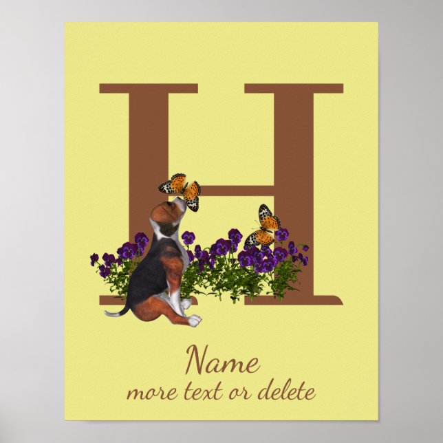 Beagle Puppy Butterflies Monogram Initial H Name  Poster (Front)