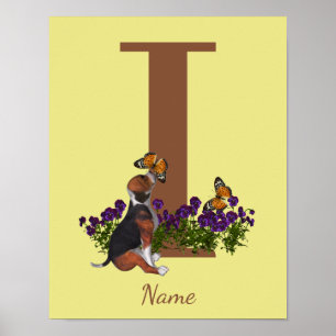 Beagle Puppy Butterflies Monogram Initial I Name Poster