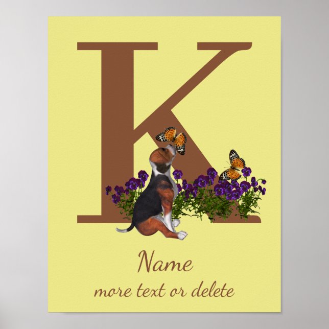 Beagle Puppy Butterflies Monogram Initial K Name  Poster (Front)