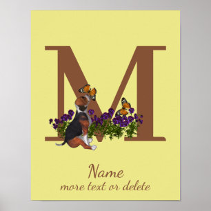 Beagle Puppy Butterflies Monogram Initial M Name Poster