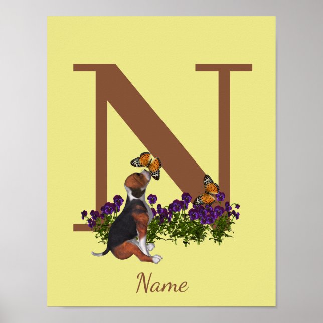 Beagle Puppy Butterflies Monogram Initial N Name  Poster (Front)