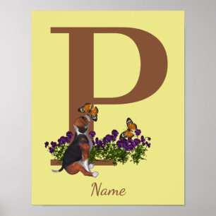 Beagle Puppy Butterflies Monogram Initial P Name Poster