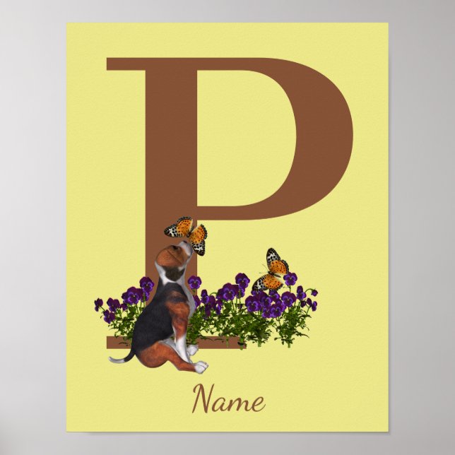Beagle Puppy Butterflies Monogram Initial P Name  Poster (Front)