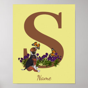 Beagle Puppy Butterflies Monogram Initial S Name Poster