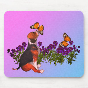 Beagle Puppy Butterflies Pansies  Mouse Pad