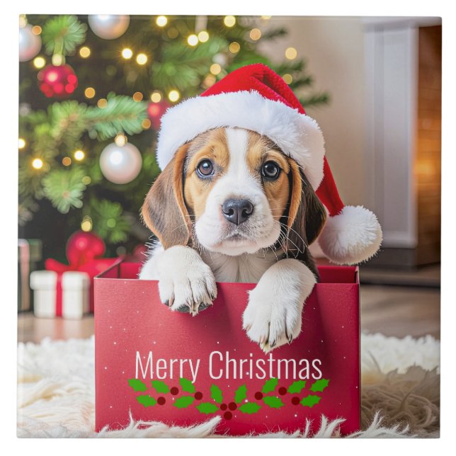 Beagle Puppy Christmas Design, Ceramic Tile (Front)