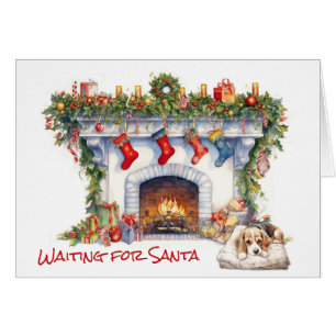 Beagle Puppy Christmas Fireplace Wait for Santa