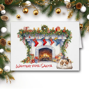 Beagle Puppy Christmas Fireplace Wait for Santa