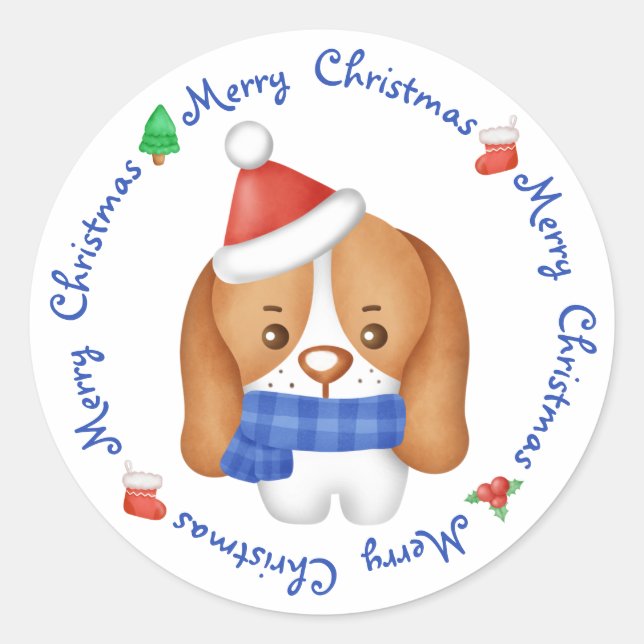Beagle Puppy Dog Cute Santa Merry Christmas  Classic Round Sticker (Front)