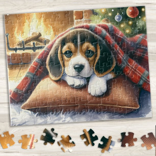 Beagle Puppy Dog Festive Holiday Scene Christmas Jigsaw Puzzle
